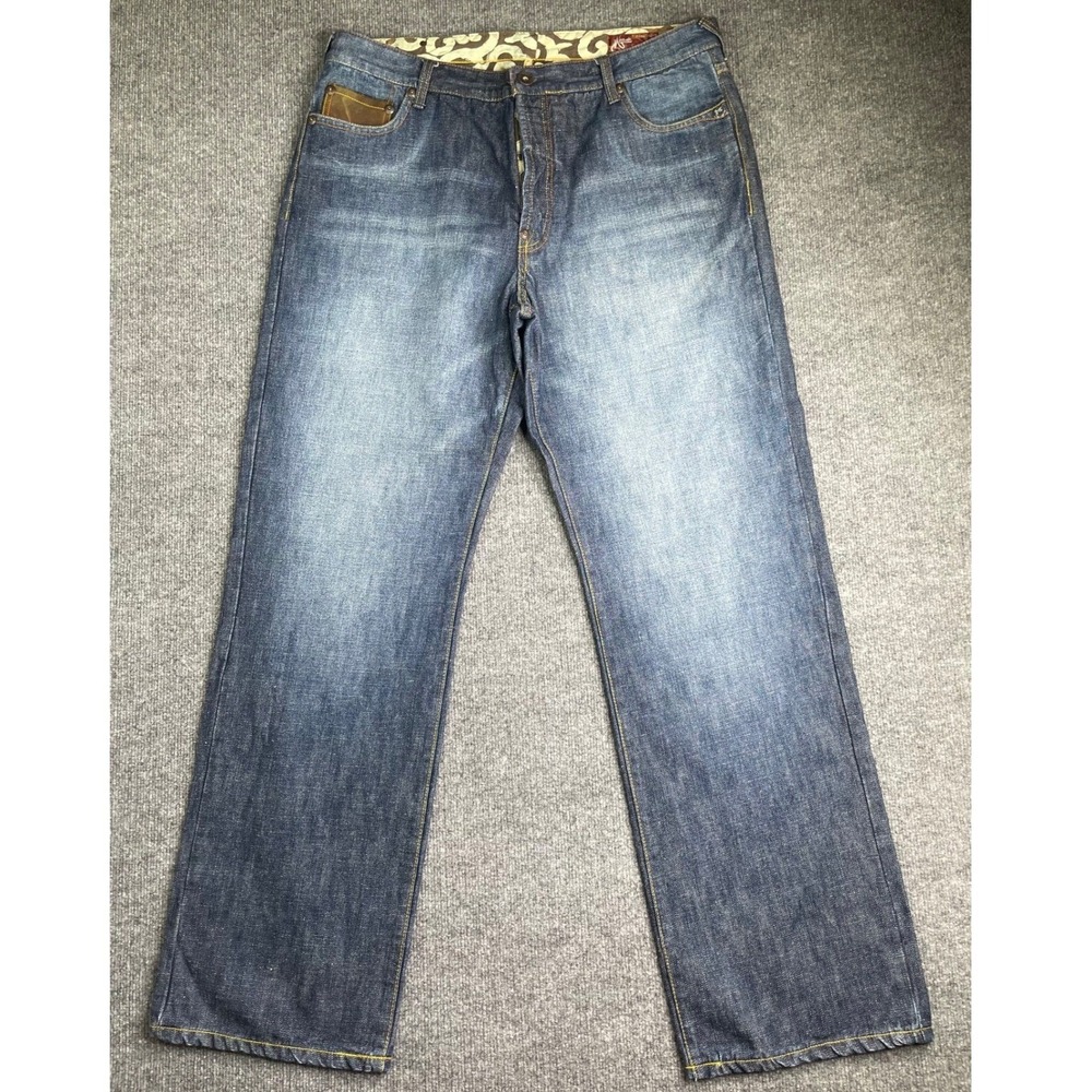 Mambosok Jeans Mens 38x34 Blue Cotton Linen Blend Leather Pocket Detail Straight